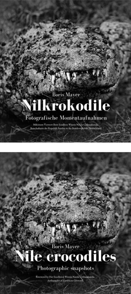 Buchcover des Fotobandes über Nilkrokodile von Boris Mayer - deutsche Version und englische Version